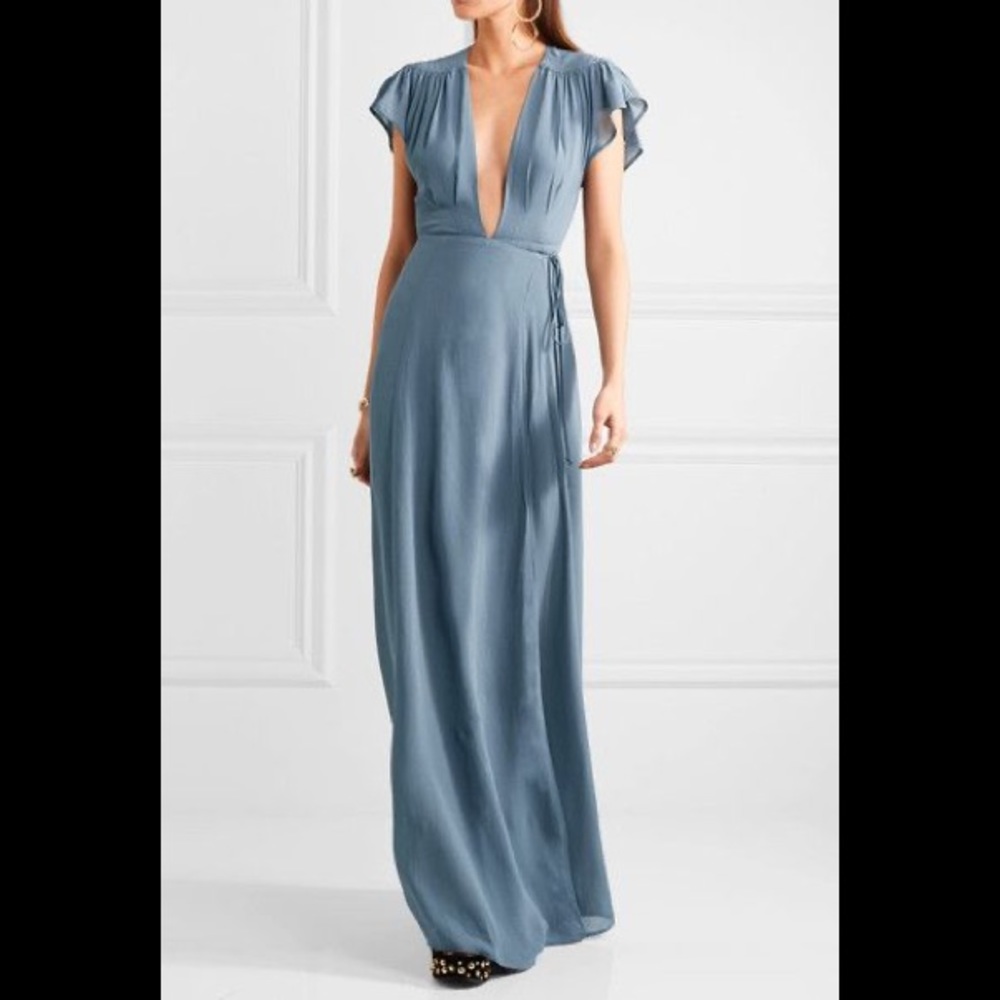 Reformation chiffon maxi wrap dress in blue-grey (size XS)